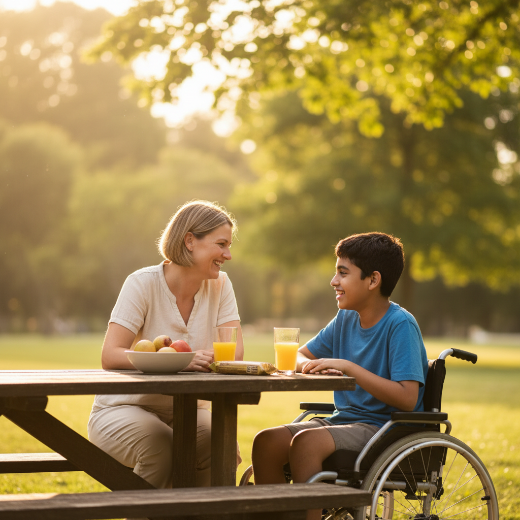 Support worker and a young man seated in a wheelchair sharing a happy conversation outdoors in a sunlit park setting
